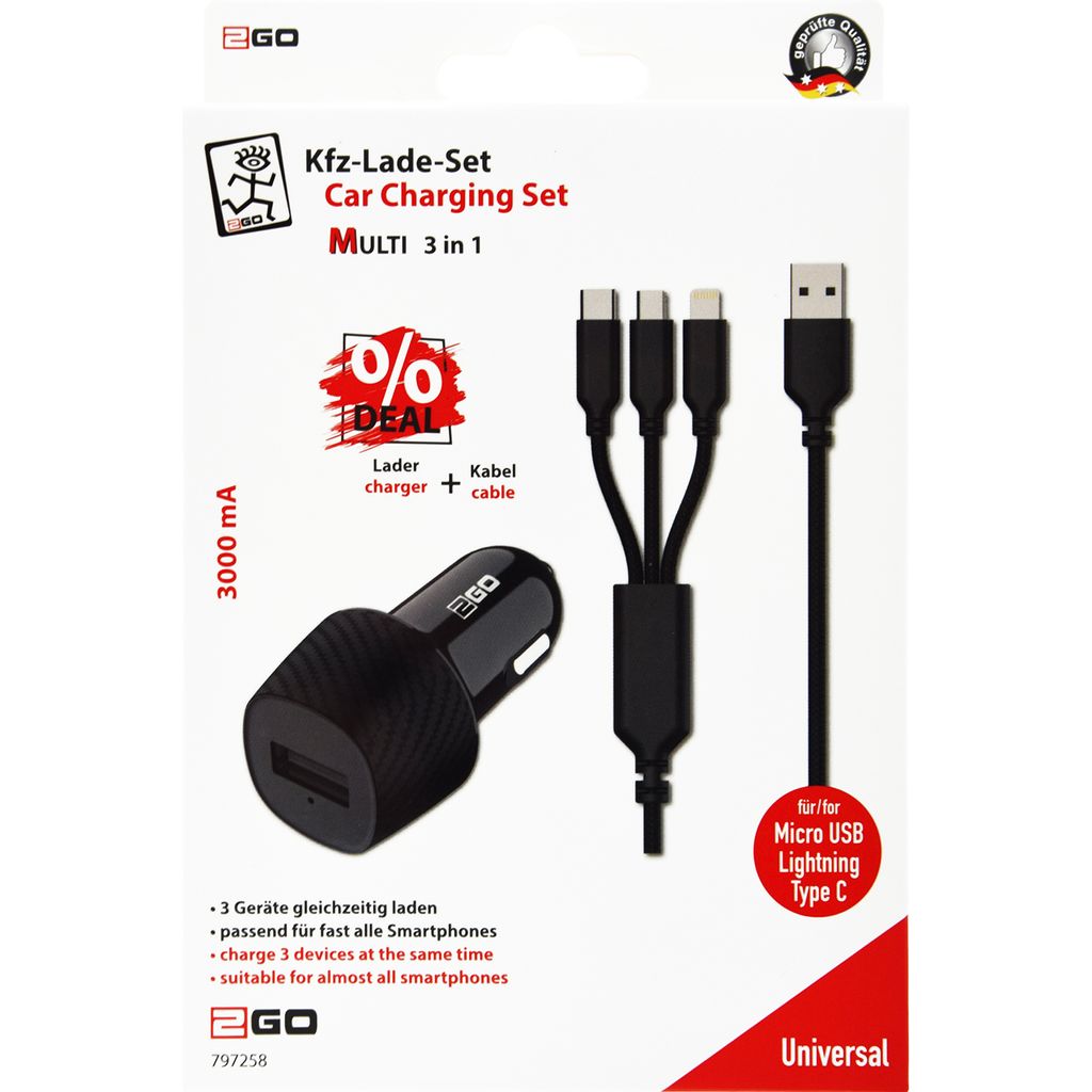 2GO KFZ-Ladegerät 3000mA 3in1 Micro-USB, Lightning, USB-C sw