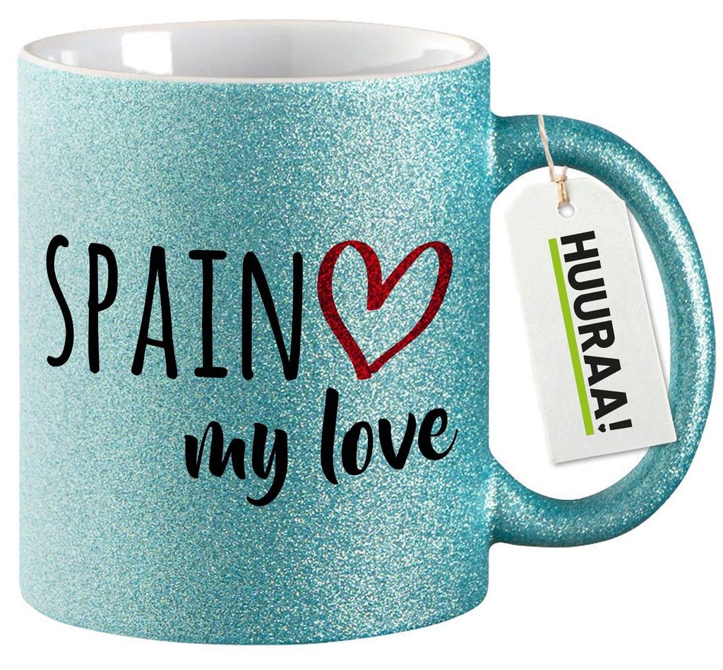 Huuraa Glitzertasse Spain my love 330ml Blau Keramik Kaffeebecher Geschenkidee