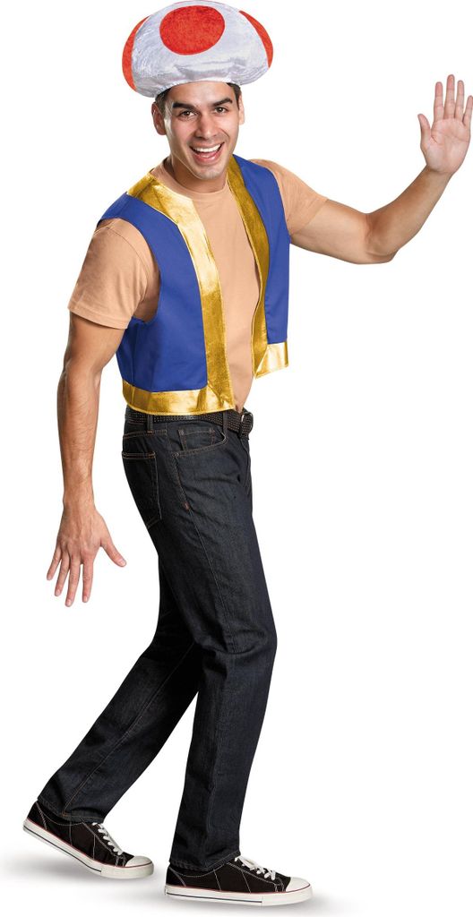 A man wearing a Toad costume from Super Mario.