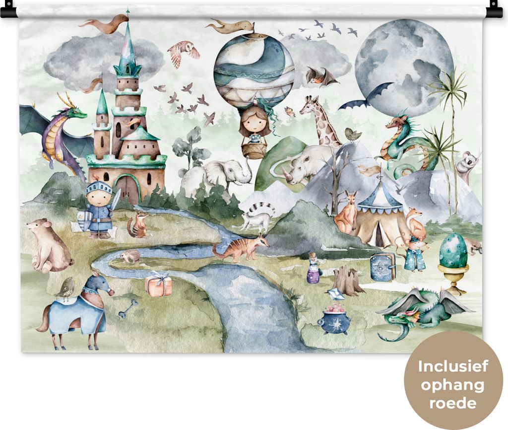 MuchoWow Wandteppich Wandbehang Kinder - Heißluftballon - Drache - Jungen - Burg - Aquarell 90x67.5 cm Tapisserie Dekoration Wandtuch - Fototepp...