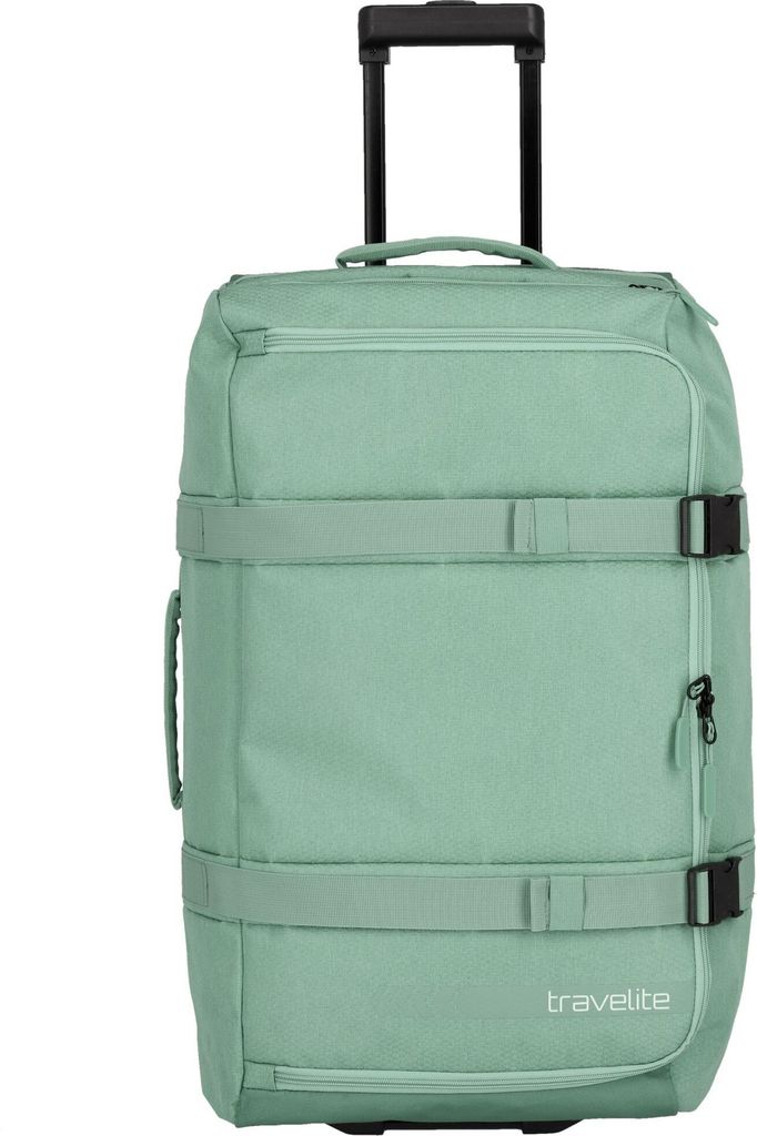 A green travel bag with wheels and a retractable handle, shown against a white background.