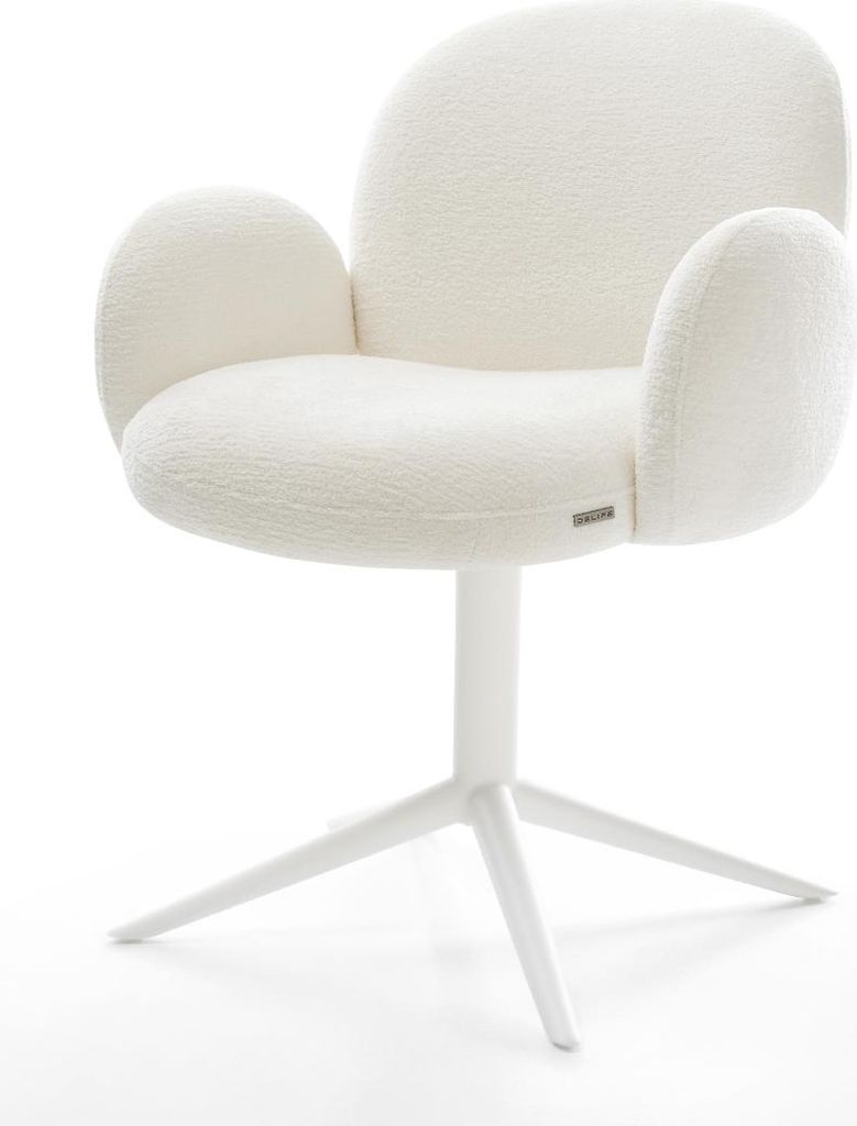 DELIFE Drehstuhl Nube-Flex mit Armlehnen Bouclé Soft Beige Fußkreuz Weiß 360° drehbar Wippfunktion Taschenfederkern