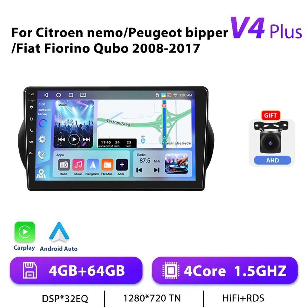 Android Autoradio für Fiat Fiorino/Qubo 2008–2017 - 2-DIN 25,4 cm Touchscreen - Android 11 - 4+64 GB - 1,5 GHz - RDS - Split-Screen - 4×45 W