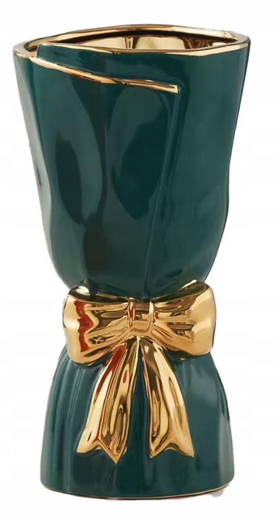 Vase Goldene Schleife Grün Keramik Glamour Dekoration Blumenvasen 24 cm Modern