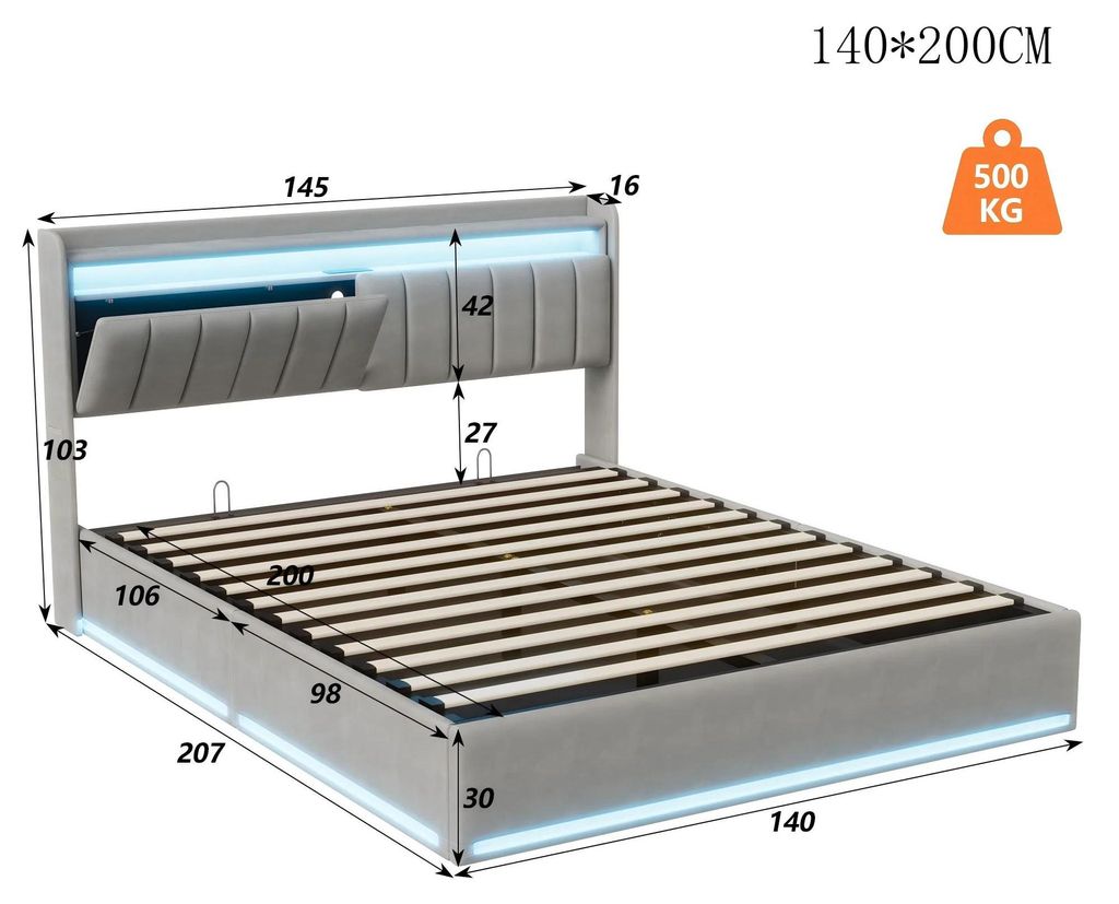 Bett mit Stauraum - Polsterbett - 140x200 cm - LED-Beleuchtung - USB-Anschluss - Samt - Lattenrost - Grau