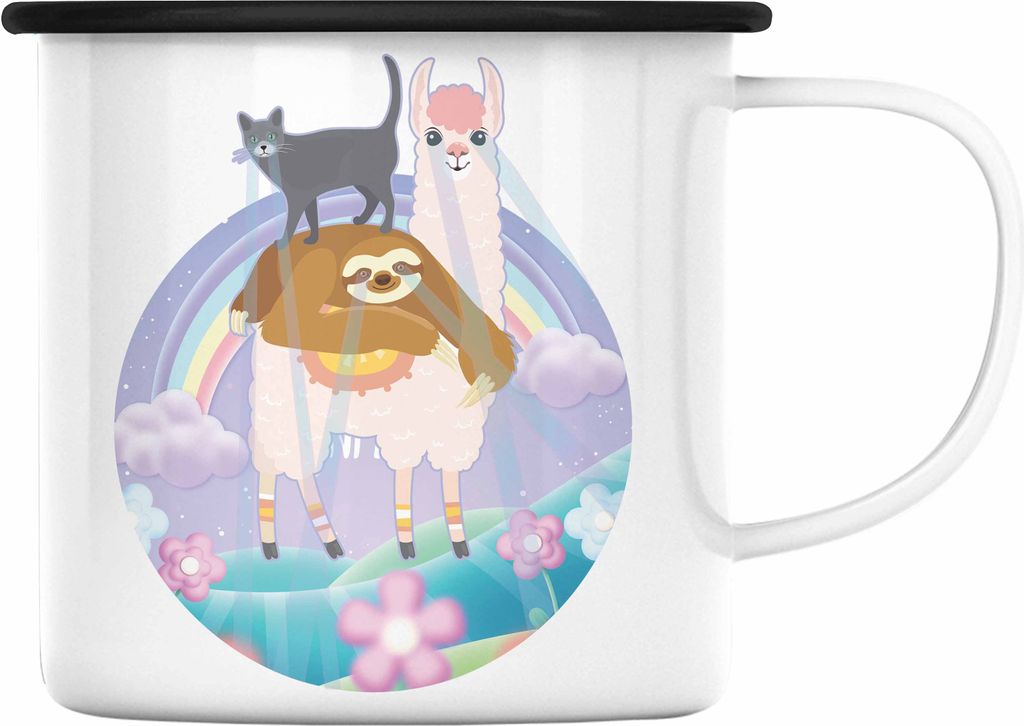 Trendation - Verrückte Emaille Tasse Geschenk Katze Llama Faultier Geschenkidee für Frauen (Schwarz)
