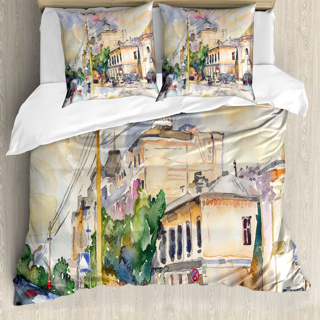 ABAKUHAUS Städtisch Bettbezugs Set Für Doppelbetten, Stadt Street Watercolours, Milbensicher Allergiker geeignet mit Kissenbezügen, Mehrfarbig