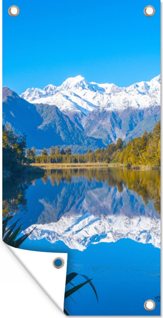 MuchoWow 40x80 cm Outdoor-Poster Gartendeko Sichtschutz Garten Poster für den Garten Spiegelung der Berge im Lake Matheson, Neuseeland