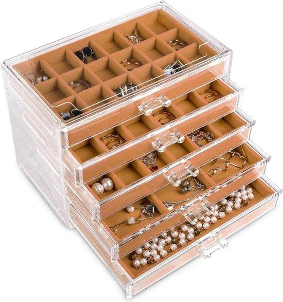 Boîte à Bijoux 5 Tiroirs en Acrylique Kaki - Rangement Boucles et Bagues