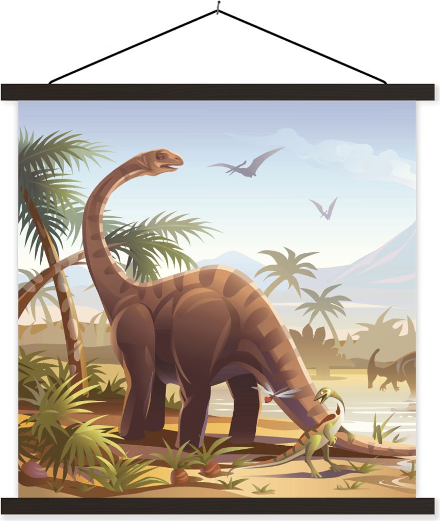 MuchoWow Textilposter Dinosaurier - Landschaft - Tropisch - Kinder - Jungen 120x120 cm mit schwarzem Rahmen - Aufhängungsset