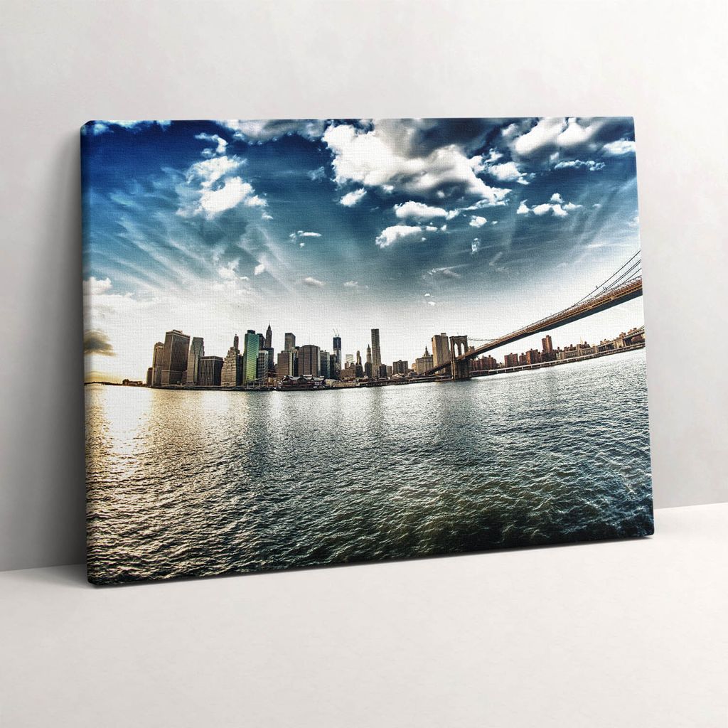 Die Stadt und die Brooklyn Bridge – Leinwandbild Wandbild – 80x60 cm – Leinwandbilder – Wandbilder – Schlafzimmer – Flur