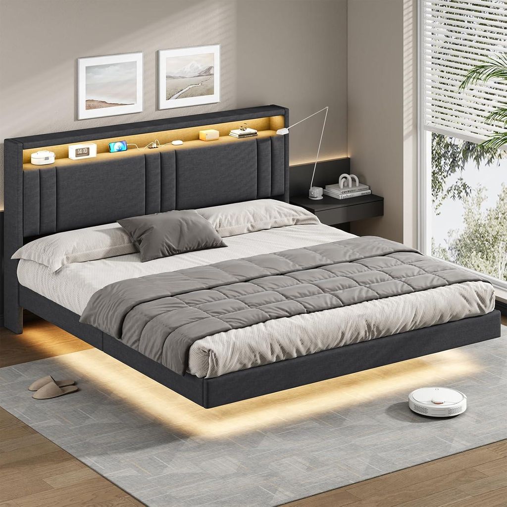 KIMENICH Polsterbett 180x200cm, Bettrahmen mit LED-Beleuchtung, Grau
