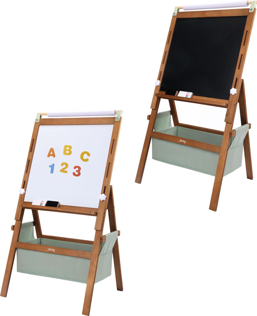 Sunny Lara Staffelei für Kinder aus Holz Dunkelbraun | Whiteboard, Kreidetafel und Papierrolle | Magnettafel Inklusive Kreide, Marker, Tafelwische...