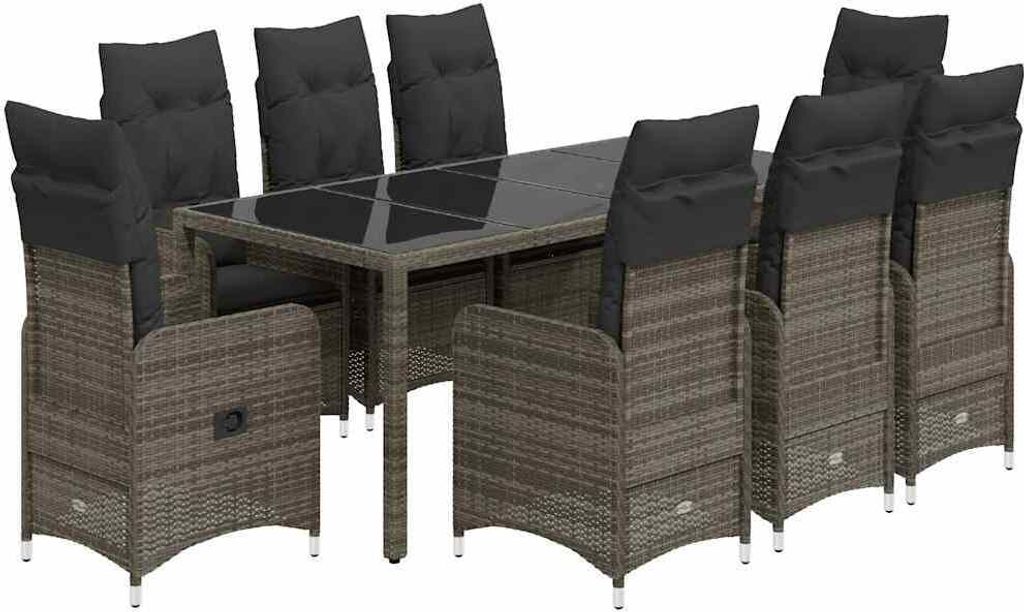 vidaXL 9-tlg. Garten-Bistro-Set mit Kissen Grau Poly Rattan