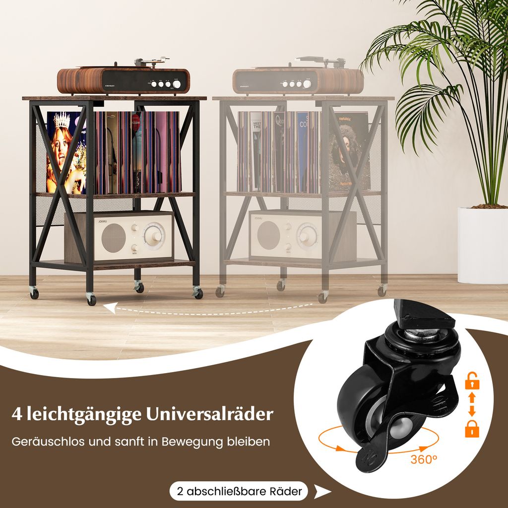 Meuble Support Tourne-Disque COSTWAY Avec Station Charge - Rangement Vinyles - Style Noyer