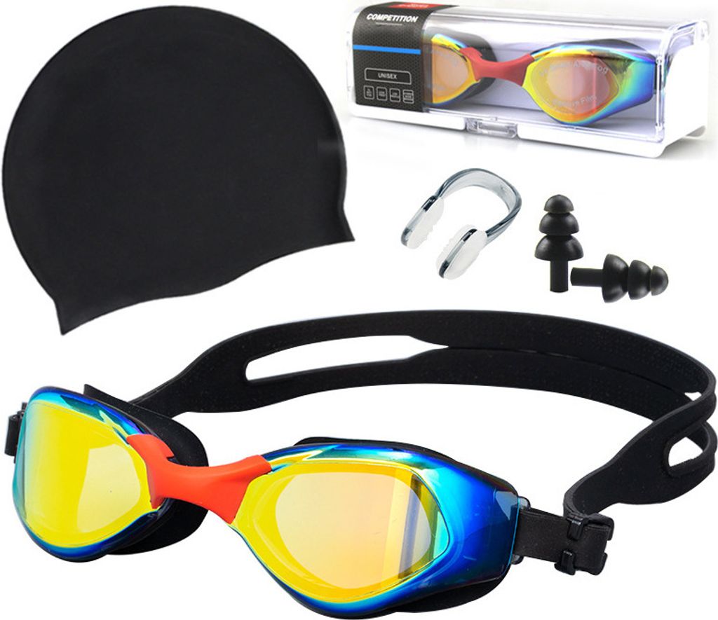 4-teiliges Set Schwimmbrille für Erwachsene, Anti-Beschlag UV-Schutz Polarisiert Schwimmbrille für Herren Damen Jugendliche mit Ohrstöpsel, Nase...