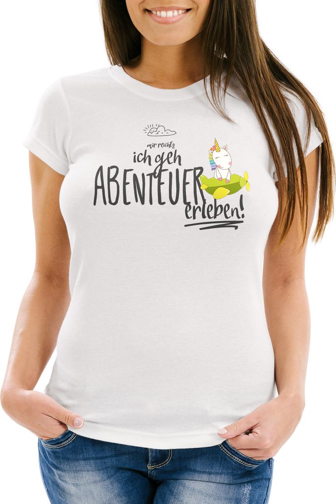 Damen T-Shirt Einhorn Unicorn Mir reichts ich geh Abenteuer erleben Slim Fit Moonworks weiß XS