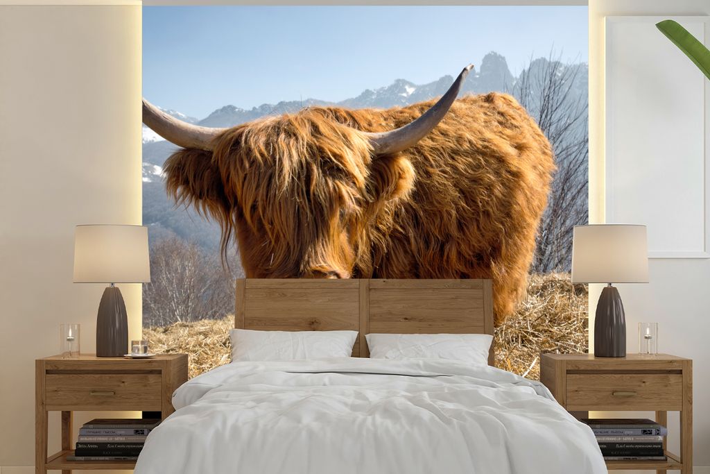 MuchoWow Fototapete für Wohnzimmer oder Schlafzimmer Wandtapete Vinyl Motivtapete Schottischer Highlander - Berg - Schnee - 240x240 cm - Schlafz...