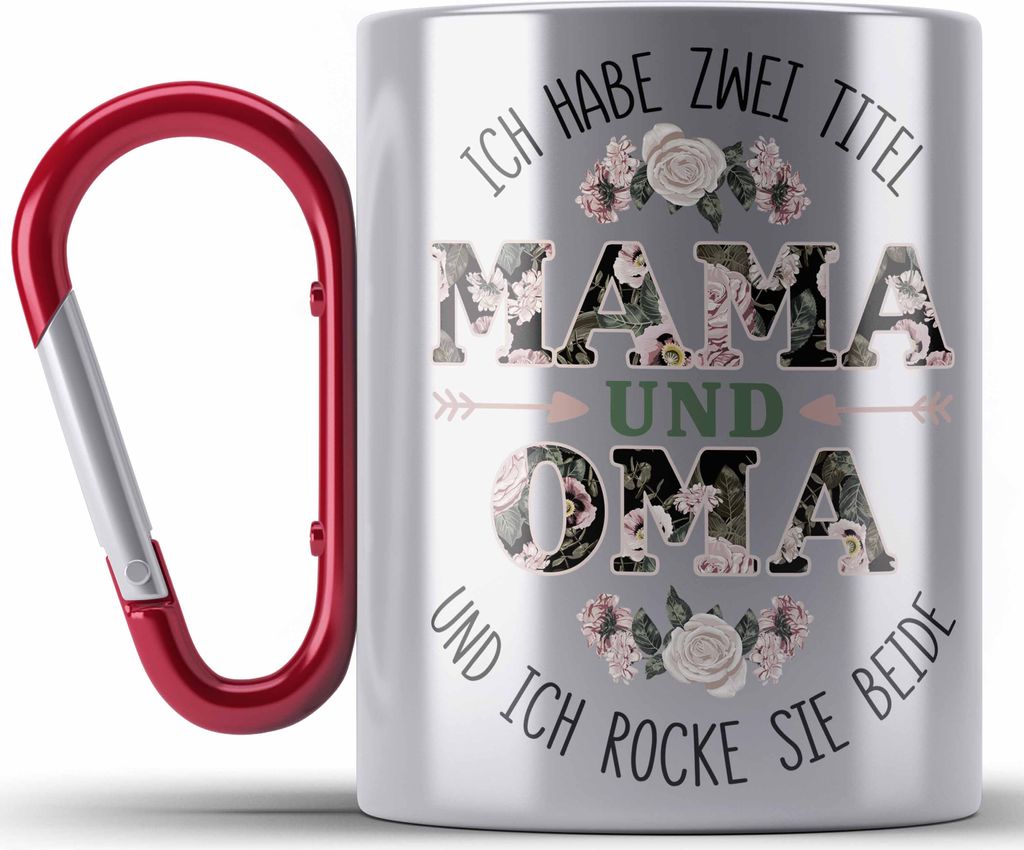 Trendation - Mama und Oma Edelstahl Tasse Karabiner Geschenk für Oma Weihnachten Geburtstag Lustige Edelstahl Tasse Karabiner Beste Oma (Rot)