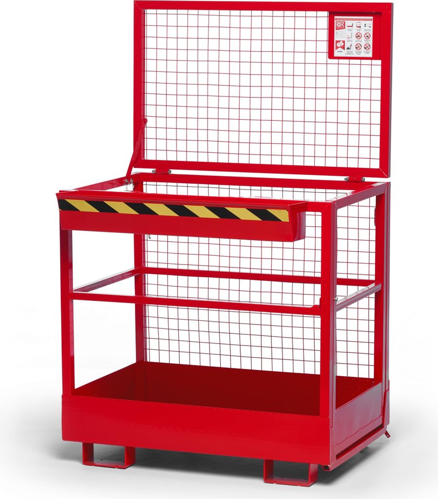 Arbeitskorb, mit Aufnahme von der breiten Seite, Zulässig für 2 Personen, BxTxH 1200x800x1950 mm, Traglast 300 kg, RAL 3000 feuerrot