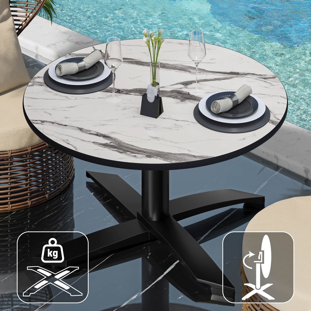 CPTG | Bistro Loungetisch | Ø:H 60 x 39 cm | Weiß Marmor / Aluminium Schwarz | Klappbar/ Zusatzgewicht | Bistro Loungetisch Gastro Tisch