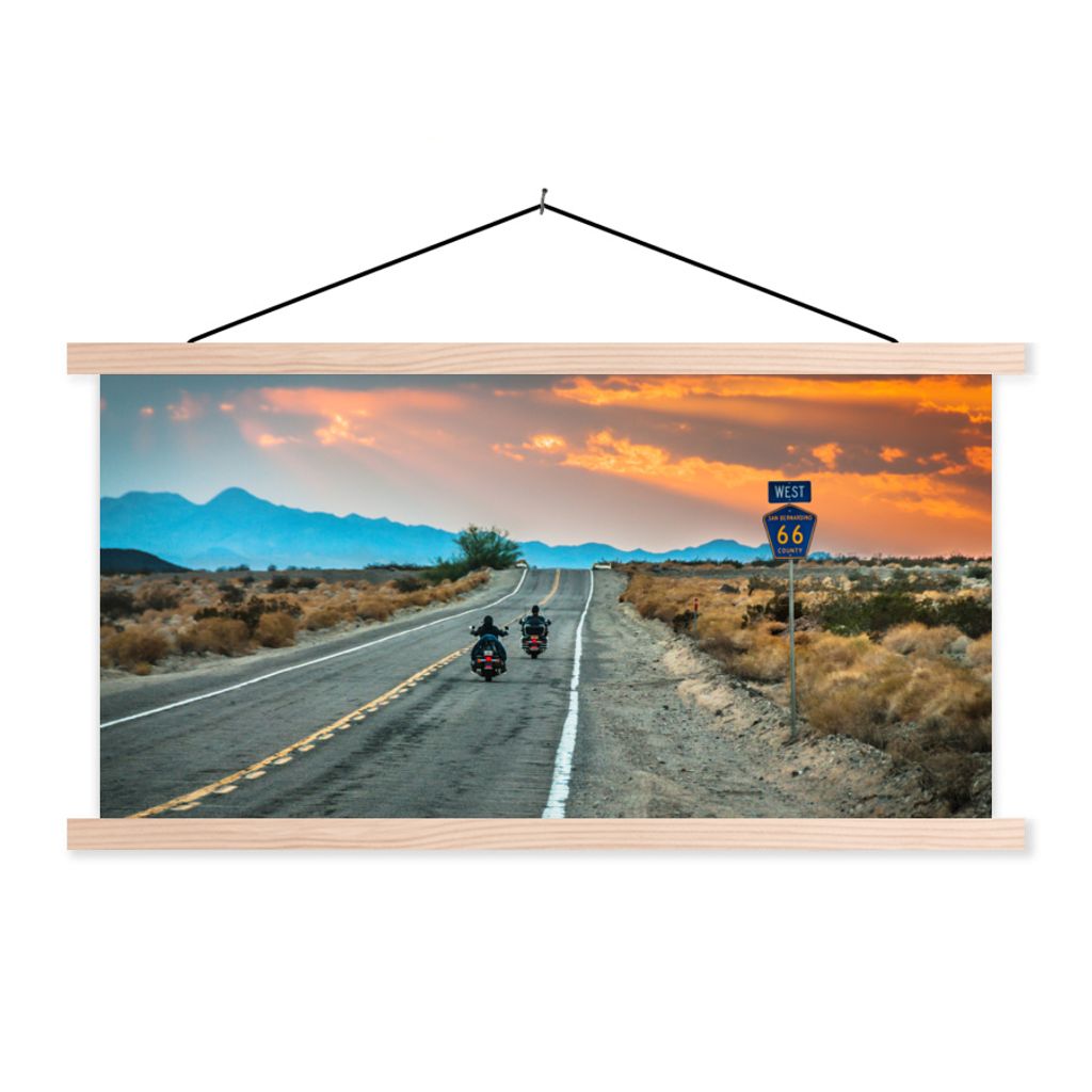 MuchoWow Textilposter Zwei Motorräder auf der Route 66 120x60 cm mit holzfarbenen Rahmen - Klemmleiste