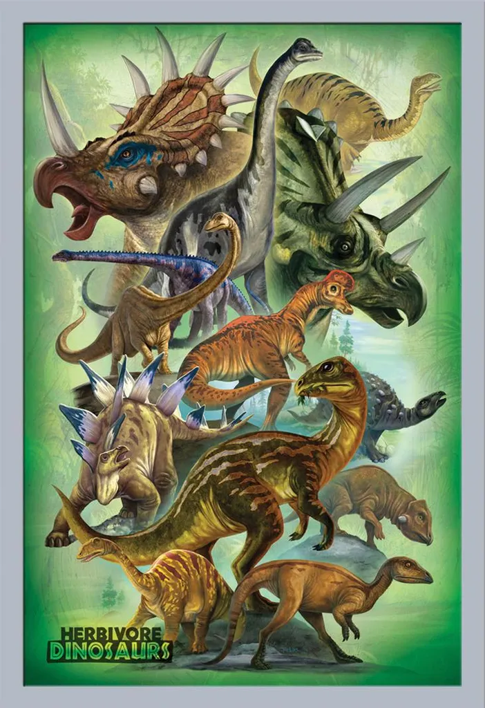Didattica - Educazione - Poster - Dinosauri - Erbivori + cornice rimovibile, Shinsuke® Maxi MDF argento, disco acrilico