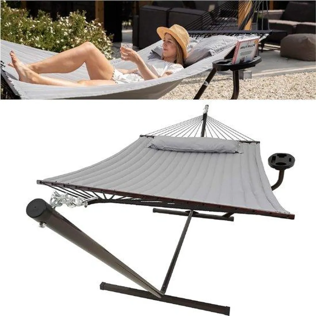 Hamac de balcon ou jardin 2 places avec porte-boissons et oreiller