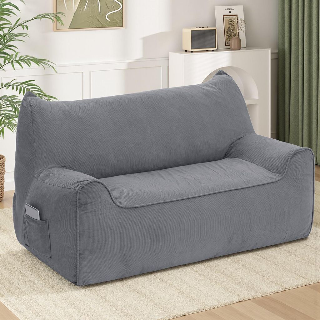HOMMPA XXL Sitzsack Sofa 2 Sitzer, gefüllt, großer Bean Bag Sessel mit Tasche, bequemer Loungesessel für Gaming, Lesen, Wohnzimmer, Grau