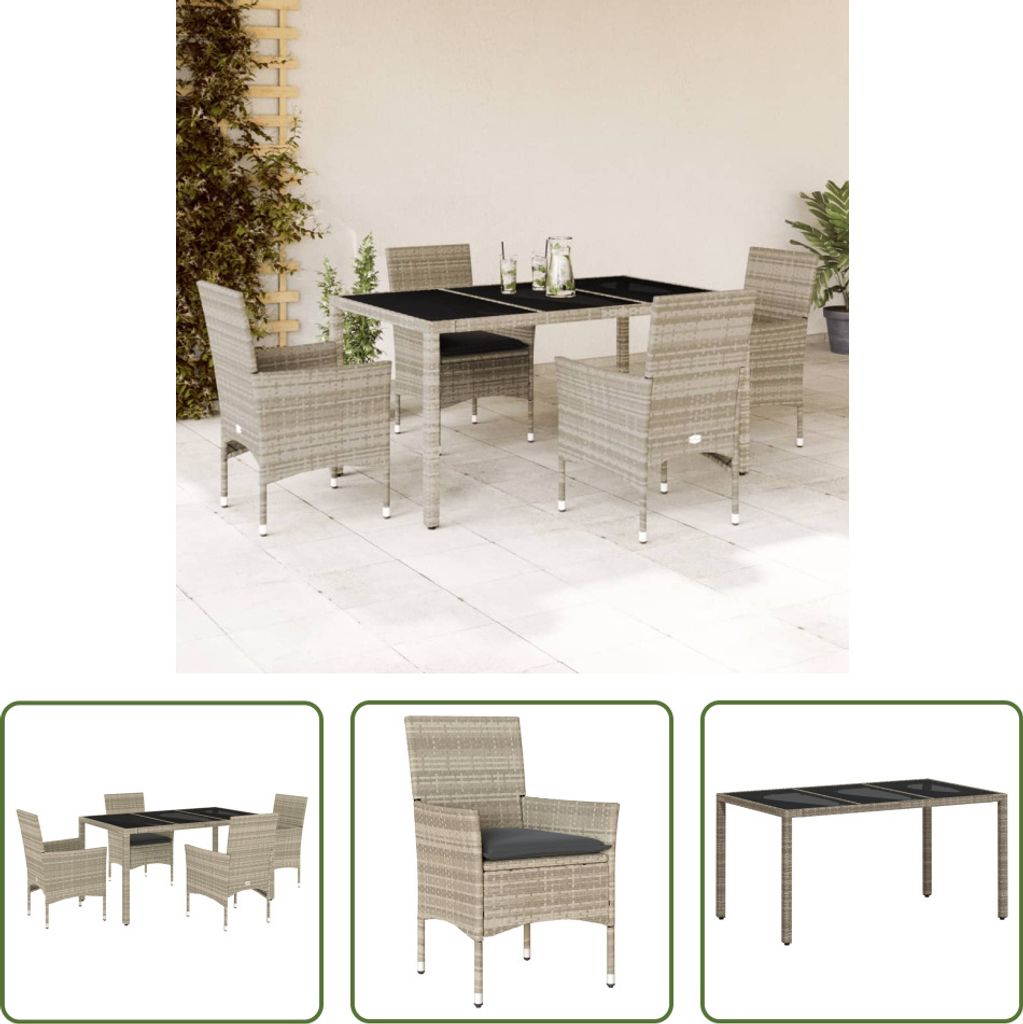The Living Store 5-tlg. Garten-Essgruppe mit Kissen Hellgrau Poly Rattan Glas