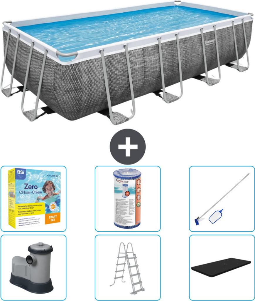 Bestway rechteckiges Power Steel-Schwimmbecken – Rattan-Druck – 549 x 274 x 122 – inklusive Pumpe – Leiter – Abdeckung Wartungspaket - Fi...