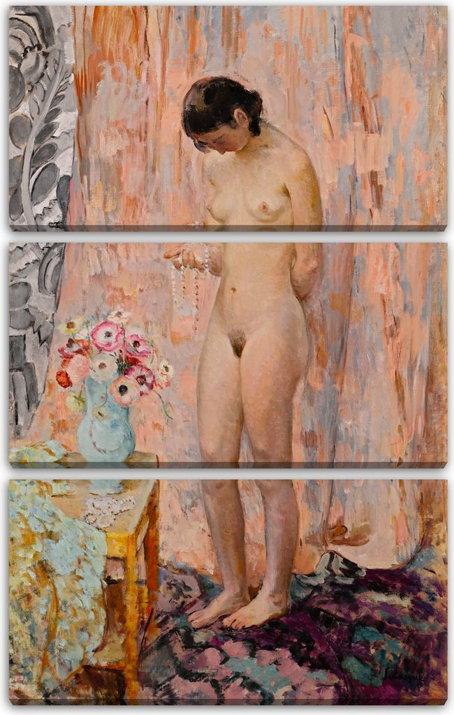 Leinwandbild 3-teilig (80x120cm): Henri Lebasque - NU AU COLLIER, echter Holz-Keilrahmen inkl. Aufhänger, handgefertigt in Deutschland