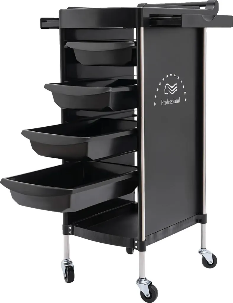 Chariot multi-niveaux en acier inox avec 6 bacs et 4 roues pivotantes