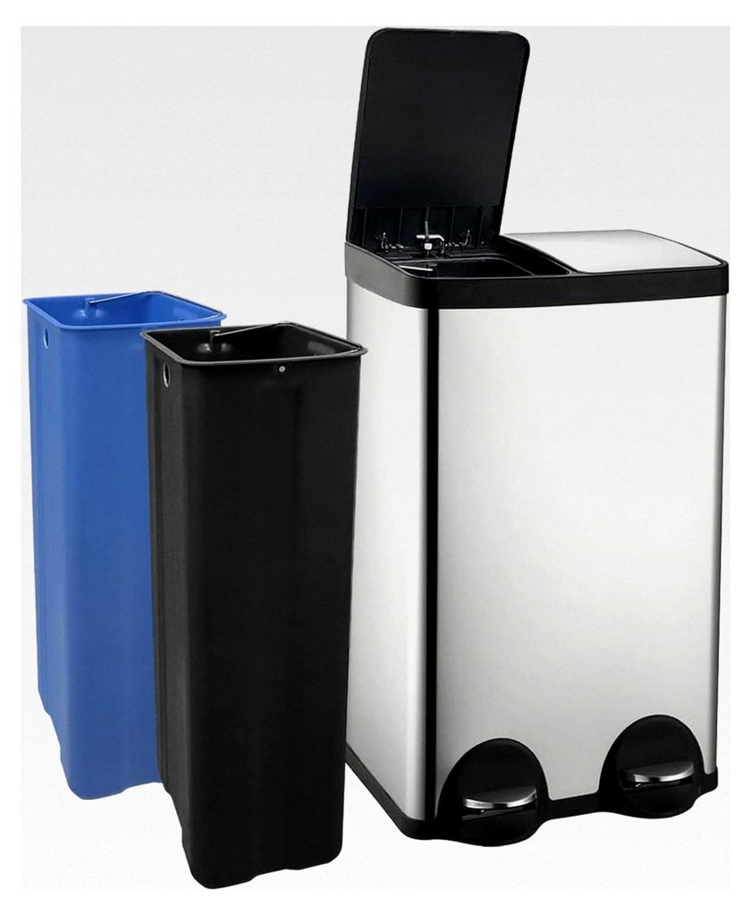 Mülleimer 60L mit 2 Fächern, Mülltrennsystem mit 2×30 Litern, Tretmülleimer für die Küche mit Softclose, Doppel-Abfalleimer in Silber