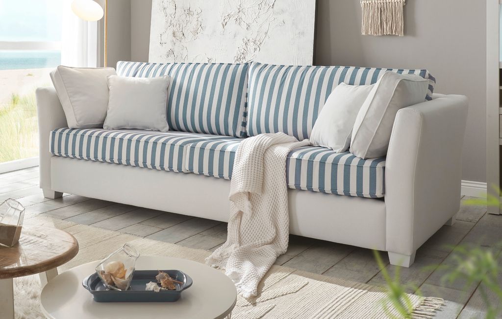 Sofa "Hooge" in creme und blau Landhaus Wohnzimmer Couch 2,5-Sitzer 200 cm