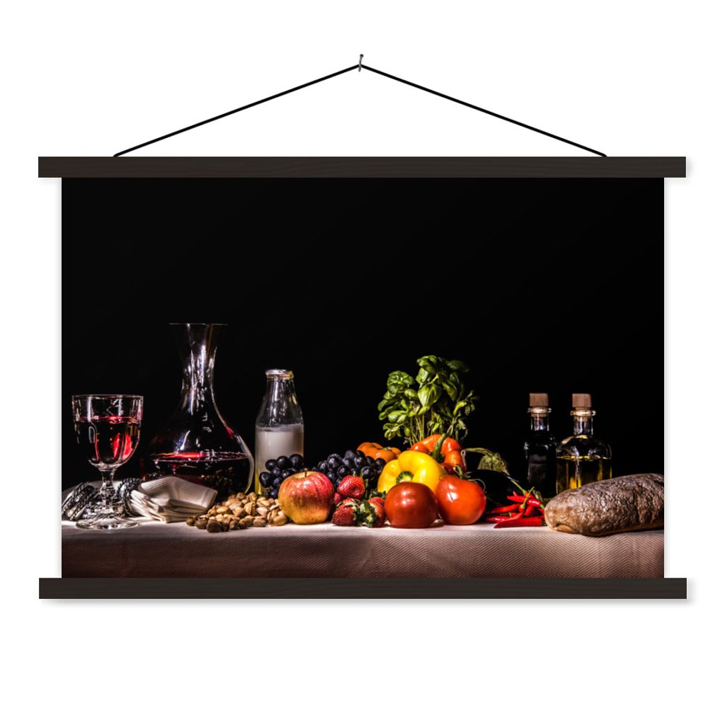 MuchoWow Textilposter Stilleben - Essen - Trinken - Obst - Schwarz 120x80 cm mit schwarzem Rahmen - Wanddeko