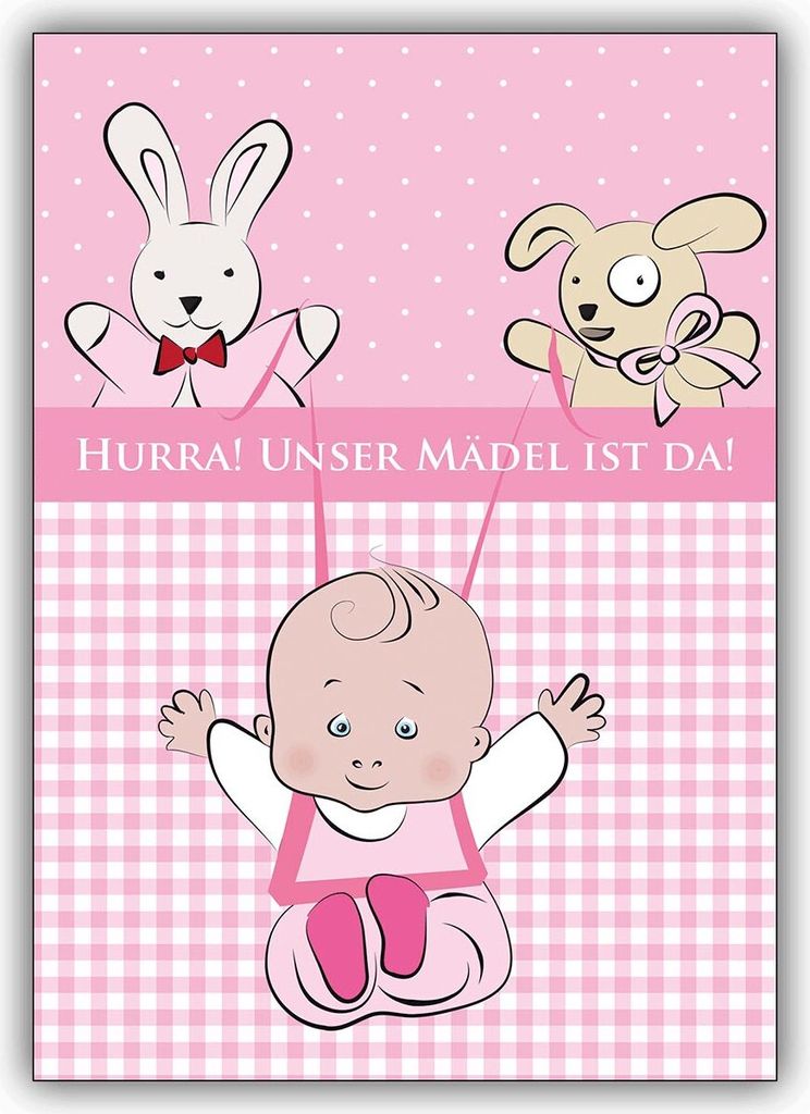 Süße Babykarte (Mädchen) zur Geburt mit Stofftieren: Hurra!