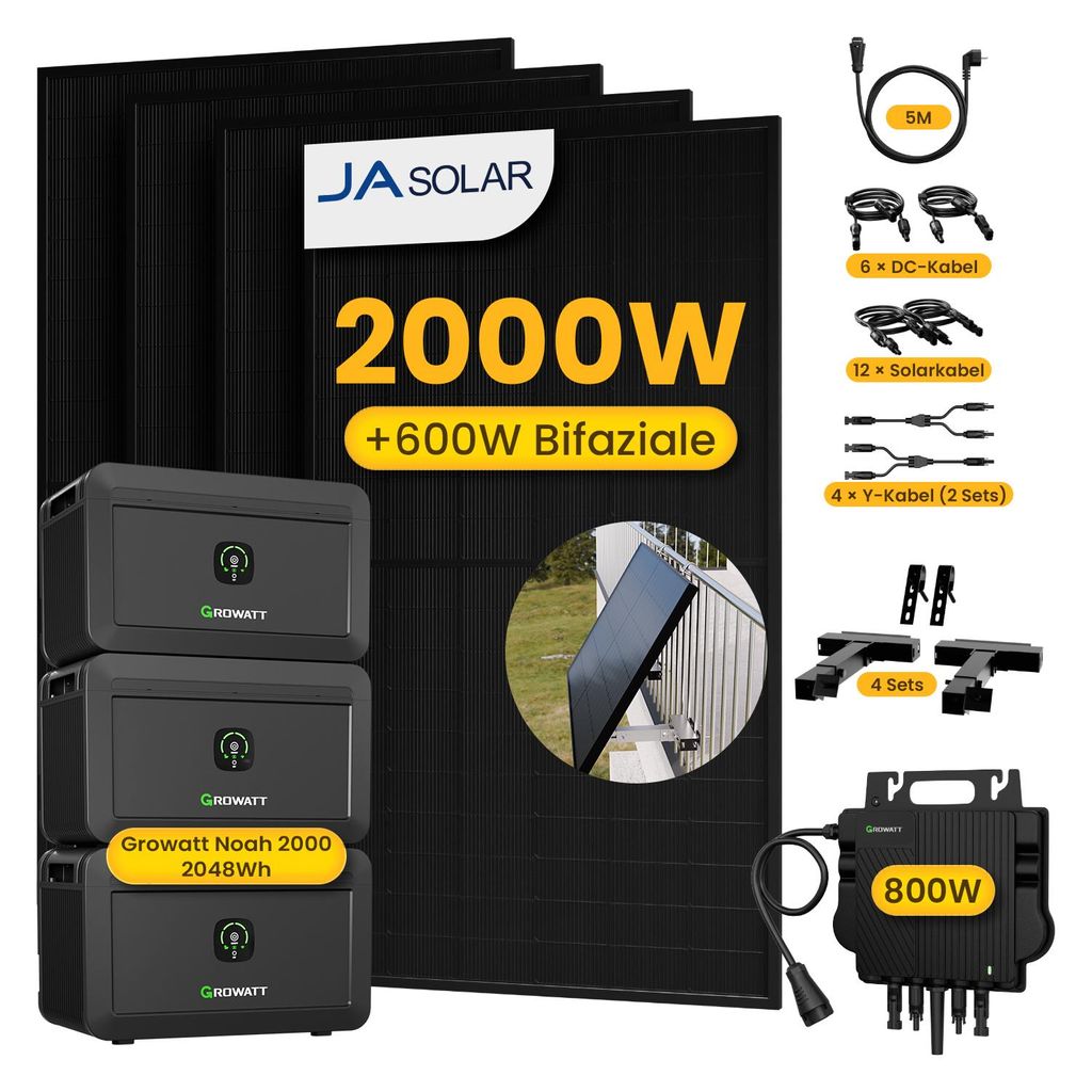 Powerness Balkonkraftwerk mit Speicher, 4x JA Solar 500W Module & Growatt 800W Mikro-Wechselrichter, 3x Growatt NOAH 2000,4x Balkon-Halterung(Schwarz)