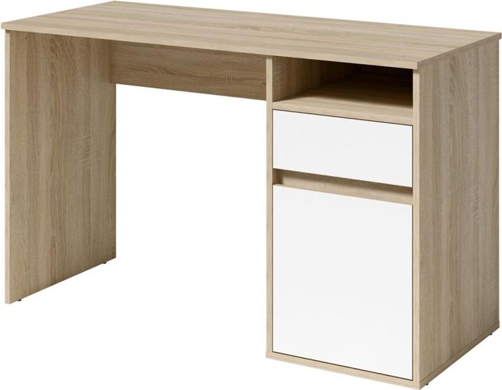 Schreibtisch BILOU Eiche und Weiß – 1 Schublade, 1 Tür und 2 Fächer – Zweifarbiges Design und praktische Aufbewahrungsmöglichkeiten