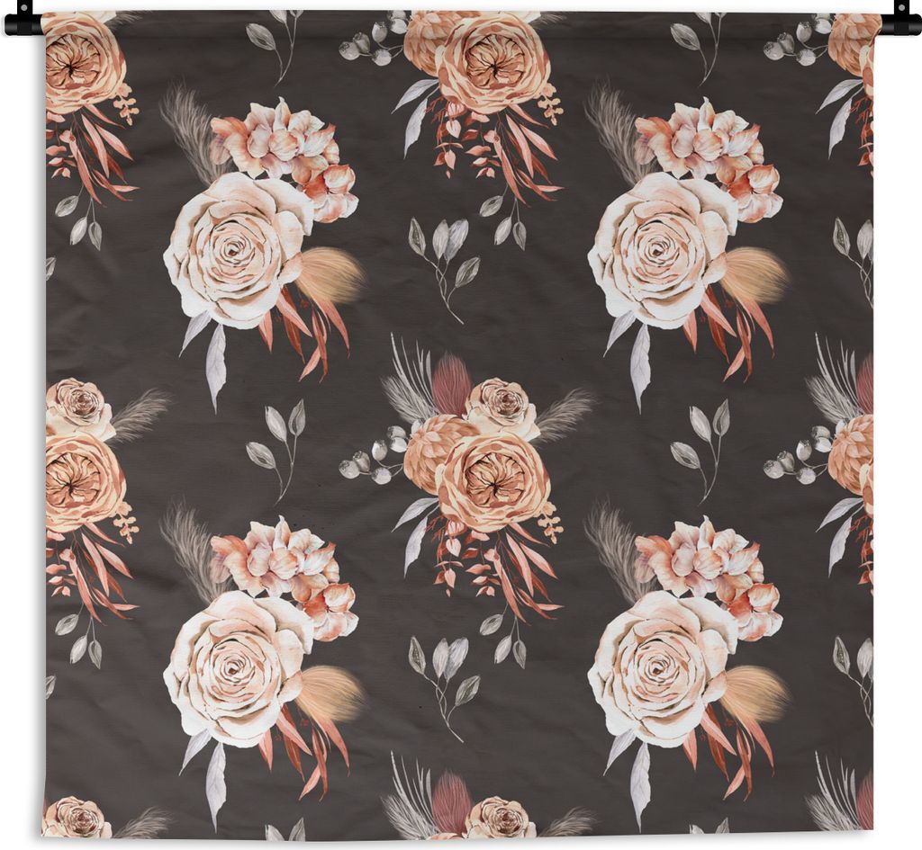 MuchoWow Wandteppich Wandbehang Blumen - Bohème Dekoration - Schwarz 150x150 cm Tapisserie Dekoration Wandtuch - Wohnaccessoires - Modernes