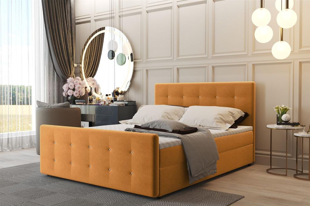 Boxspringbett Schlafzimmerbett CARLOS 200x220cm Stoff Soro Orange inkl.Bettkasten