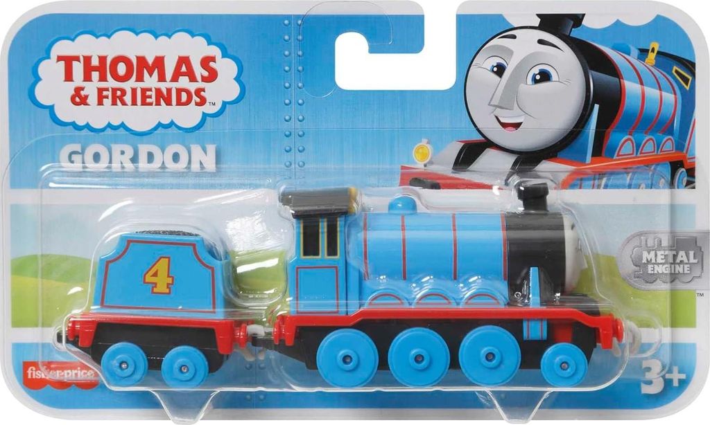 A toy train, Gordon from Thomas & Friends, in its retail packaging.