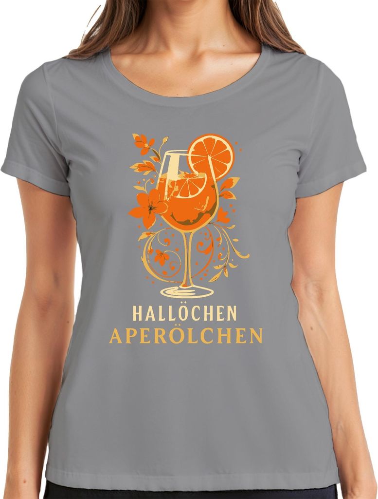 Hallöchen Aperölchen Aperol Spritz Sommerdrink Orange Cocktail Damen T-Shirt, Grau, L