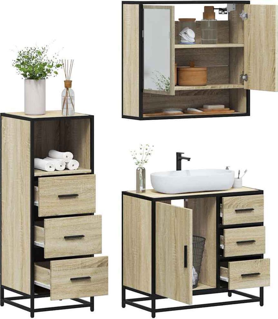 Maison Exclusive - 3-tlg. Badmöbel-Set Sonoma-Eiche Holzwerkstoff