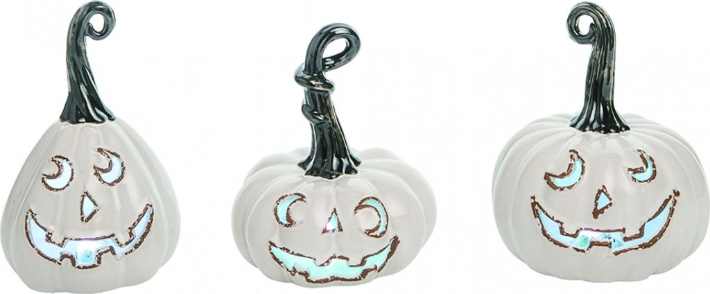Weißer Vintage Keramik Halloween Kürbis mit LED Beleuchtung 1 St.
