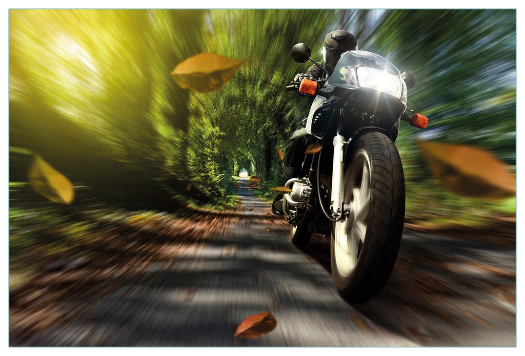 Wallario Küchenrückwand aus Glas, Größe: 90 x 60 cm, Motiv: Fahrendes Motorrad im Wald mit Herbstlaub | Spritzschutz | abwischbar | pflegeleich...