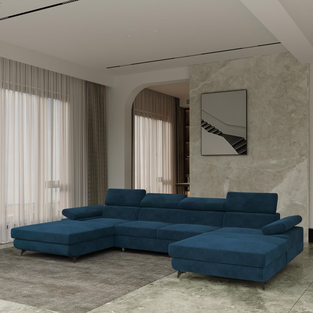 Masseno Ecksofa DETTI mit Schlaffunktion U-Form, Sofa mit Bettkasten, Wohnzimmersofa, Couch, Soffa, Bettsofa, Couchgarnitur- Blau, MONOLITH 77