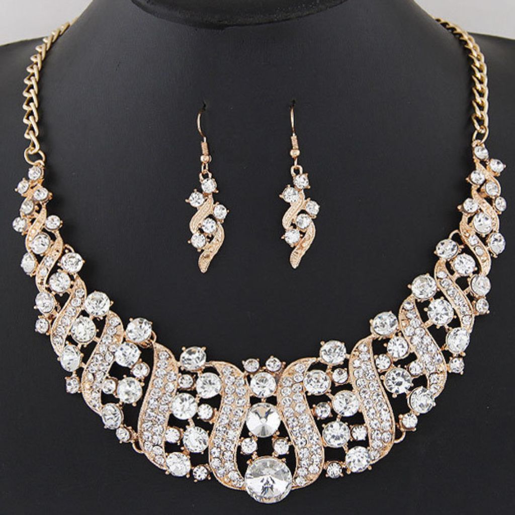 Strass eingelegte Kette Halskette Haken Ohrringe Braut Hochzeit Party Schmuckset-Klar#