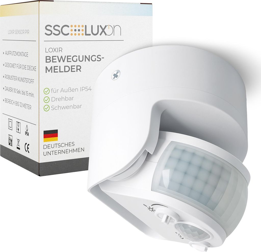 SSC-LUXon LOXIR PIR Bewegungsmelder Weiß IP54 für Innen & Außen drehbar einstellbar - Motion Sensor mit 180° & 360° Erfassung 12m Reichweite