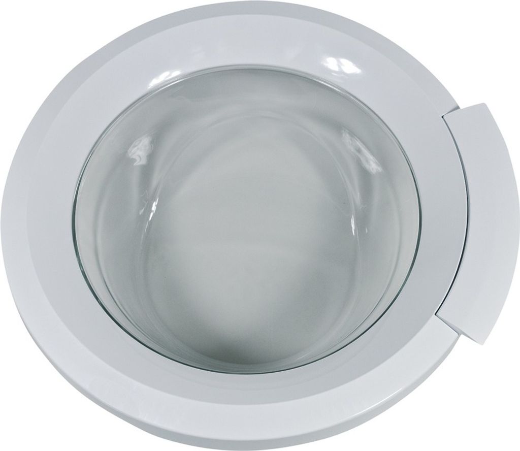 A close-up view of a washing machine door, also known as a porthole or outer door, is shown against a white background. The door features a clear glass window and a white frame with a handle or latch mechanism on the right side.